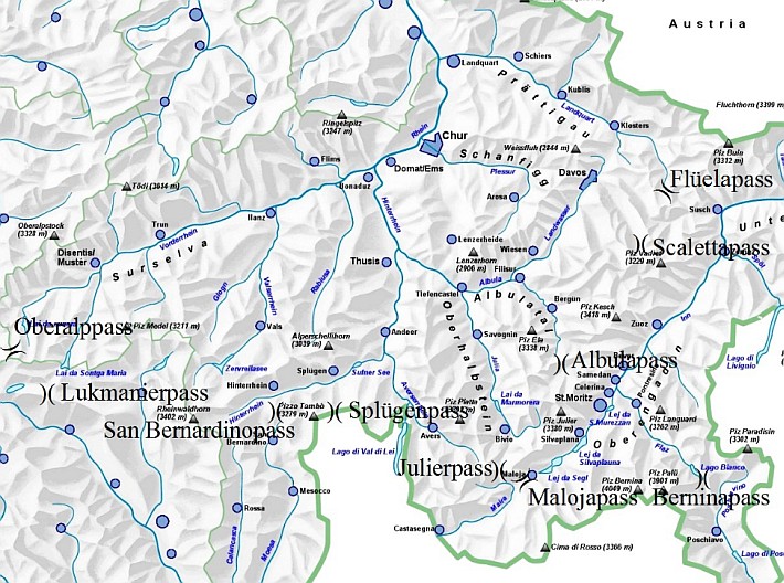 A fontosabb graubündeni folyók, hegységek, hegyek és hágók térképe