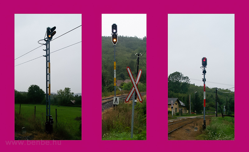 The signal showing if the barrier is closed at Drégely (and its repeating signal - middle - used because its not visible from more than 200 m and the pre-signal -left - used at the general braking distance before any main signal) photo