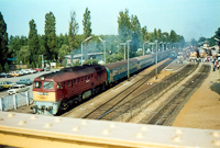 The M62 126, an M40 light main line passenger diesel and two MDmot lightweight trainsets at Fonyód station, before the modernisation of the line in the 80s-90s
