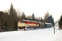 The ČSD 749 248-1 <q>Bardotka</q> seen between Va¾kovňa and Červená Skala with the firefighting train