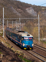The ČD 451 002-0 historic commuter EMU is seen between Rež and Úholičky in the Vltava valley