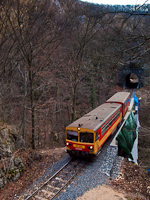 A MÁV-START 117 296 pályaszámú  Bzmot  motorkocsija a Bakonyvasúton Porva-Csesznek és Vinye között a felújítás alatt álló Gubányi Károly-viadukton nem sokkal a Porva-Cseszneki I. számú alagút után
