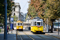 The BKV Budapest 2806 wood frame and the 2624 steel frame historic trams (nosztalgiavillamos) seen at Clark Ádám tér, near Lánchíd (Chain Bridge)