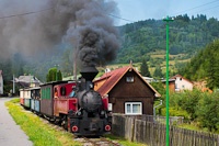 A Čiernohronská Železnica 764 407 Feketebalog és Vydrovo Skanzen között az utcán kanyarog a kisvasút