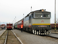 A 750 094-5 pályaszámú Búvár egy személyvonattal áll Losoncon, mellette az indulásra kész M131.1053