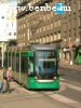 A Variotram type tramcar is arriving at Rautatientori in Helsinki