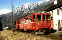 The RhB/BM BDe 4/4 491 DC electric railcar at San Vittore station of the Bellinzona-Mesocco railway on 27/02/1989.