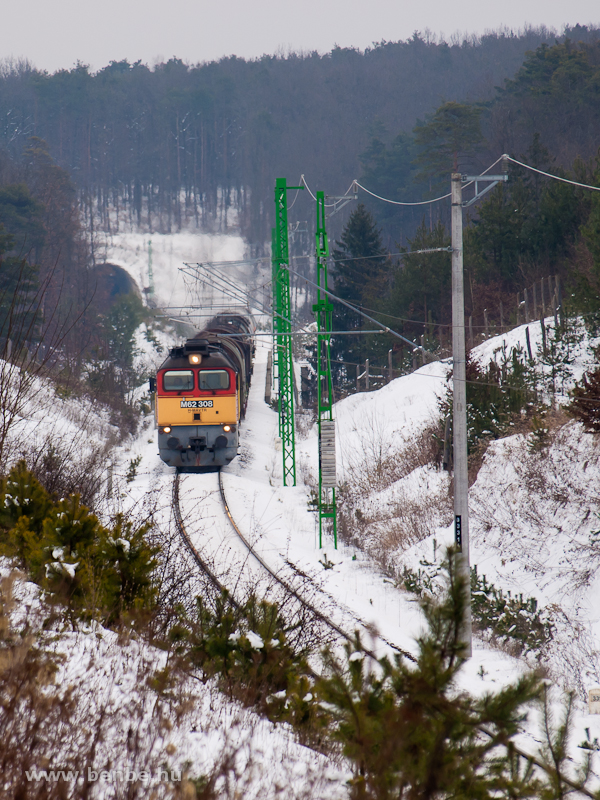 The M62 308 is pulling a mixed freight train on the small viaduct between Nagyrákos and Őriszentpéter photo