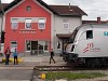 175 years of railway in Austria - celebrations in old Hungarian Kismarton (now Eisenstadt, Austria) with the huge Austrian flag of a railjet headed by 1116 249 (the driving trailer is 80-90.749)