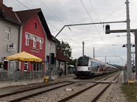 175 years of railway in Austria - celebrations in old Hungarian Kismarton (now Eisenstadt, Austria) with the huge Austrian flag of a railjet headed by 1116 249 (the driving trailer is 80-90.749)