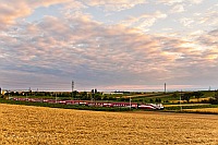 175 years of railway in Austria - the huge Austrian flag of a railjet headed by 1116 249 is returning from the Fertő-t (Neusiedler See) to Vienna now seen between Nezsider (Neusiedl am See, Austria) and Parndorf Ort