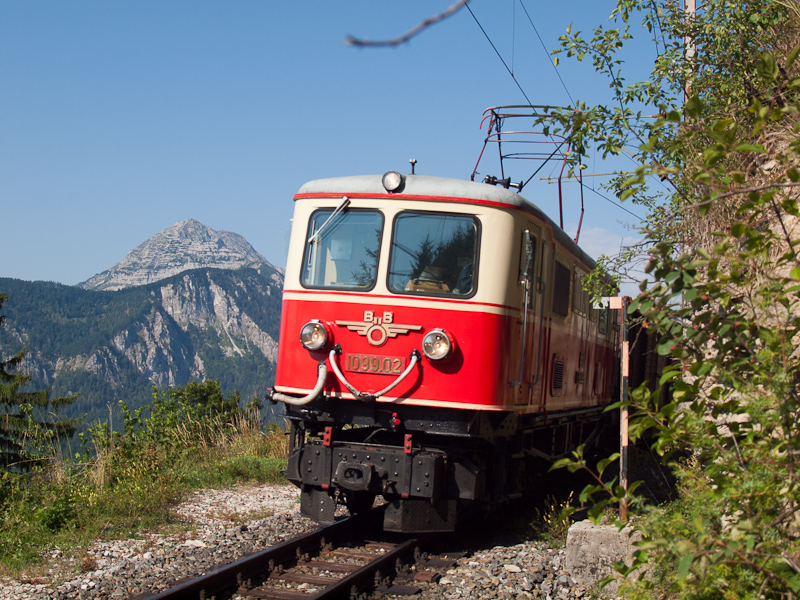 The BB 1099.02 historic electric locomotive seen between Gsing and Annaberg with the tscher's peak in the background photo