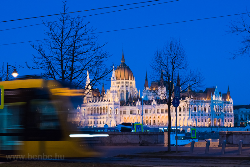 The Parliament of Budapest in the blue hour with a CAF tram in the foreground photo