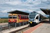 The MÁV-START 117 290 diesel railcar and the 415 062 blue Stadler FLIRT electric multiple unit seen at Esztergom-Kertváros