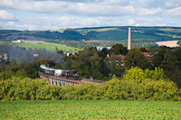 The ŽSR steam locomotive 555 3008 (<q>Štoker</q>) seen between Myjava and Poriadie on the Myjavsky viadukt
