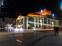 Light streaks made by trams in front of the Silesian Theater at Katowice