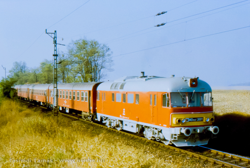 One of the prototype Piroskas, MDmot 3001 is passing by near Pusztaszabolcs hauling a train from Btaszk photo
