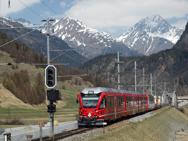 The RhB ABe 8/12 3504 is seen hauling an EngadinStar REX at Zernez station during its reconstruction photo