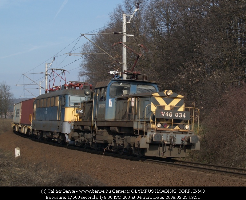 The V46 034 helping pull up the first Hungarian-built V43 its heavy freight train between Vrosld and Szentgl photo