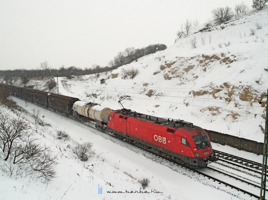 The BB 1116 006-6 with a freight train at the cutting at Szr photo