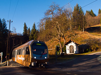 The Mariazellerbahn's Himmelstreppe railcar of road number ET1 seen between Frankenfels and Schwarzenbach where the Natters forks into the Pielach river
