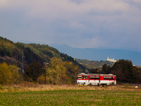 Slovakian class 813 twin railcar seen between Kos and Novky