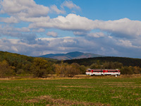 Slovakian class 813 twin railcar seen between Kos and Novky