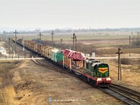 ЧМЭ-3181 egy sínmezőfektető vonattal Bótrágy (З.П. БАТРАДЬ) és Bátyú (БАТЬОВО-ПАС) állomás között a régi delta elágazásánál