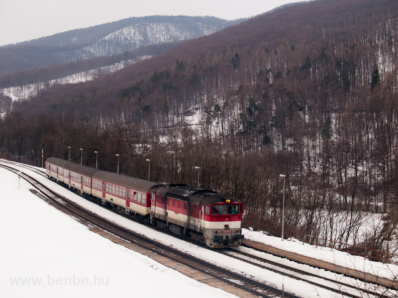 The ŽSSK 754 011-5 is hauling a slow train on the wrong track by Fűrsz stop (Pla, Slovakia) photo