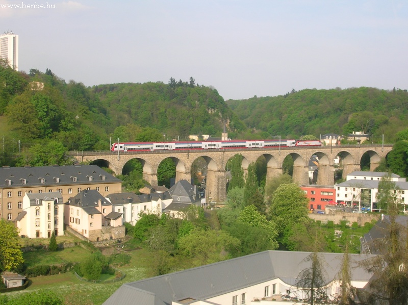 A DoSto passanger train on Pfaffenthal viaduct in Luxembourg photo