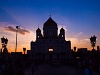 The Sun is setting in exactly the midline of the Moscow Cathedral of Christ the Saviour