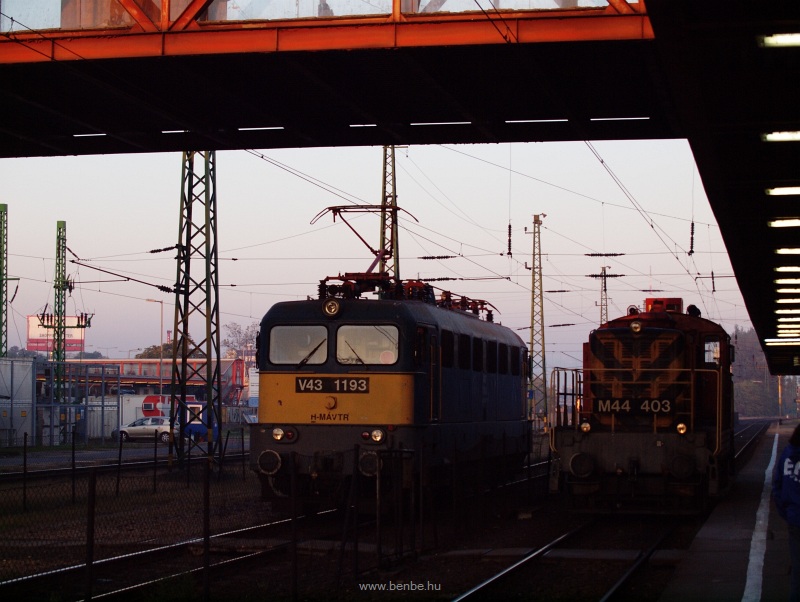 V43 1193 és M44 403 Kőbánya-Kispest állomás gyalogos felüljárója alatt - a Szili majd később kap feladatot, a Bobó máris indul Kispestre, a 142-es vonalra, ahol ő lesz a tartalék fotó