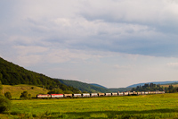 A freight train hauled by two Bardotka (ŽSCS class 751) locomotives seen between Balogfalva (Blhovce) and Vrgedefrdő (Hodejov)