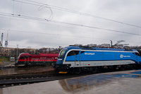 The two ÖBB railjet Taurus-3 locomotives, the red ÖBB 1216 229 and the blue ÖBB 1216 234 (in Najbrt-blue České Dráhy livery to harmonize with the future Czech railjet coaches) seen at Praha hlavní nádraži (Prague main station)