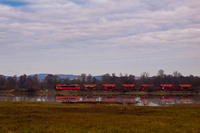 The MÁV-START 418 187 seen reflected in the inland inundation