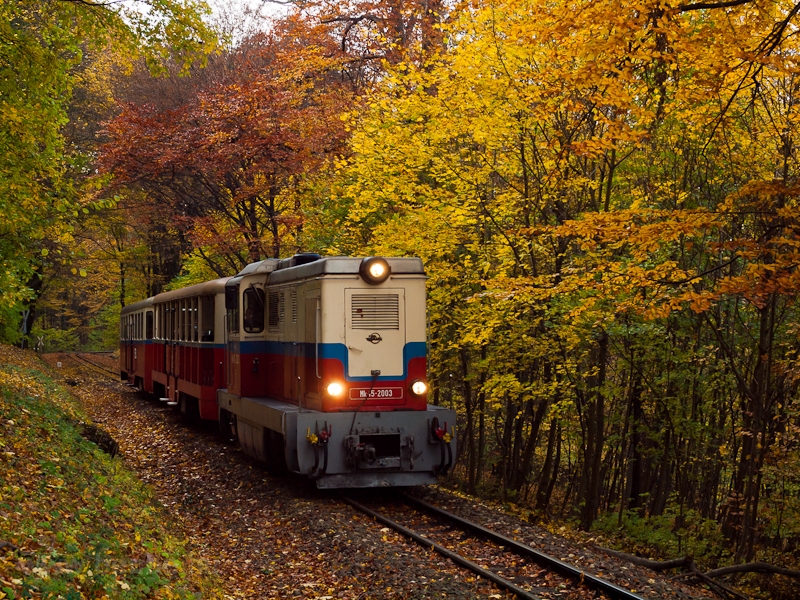 The Budapest Children's Railway's Mk45-2003 diesel-hydraulic, remotorised locomotive seen between Hrs-hegy and Hűvsvlgy stations photo