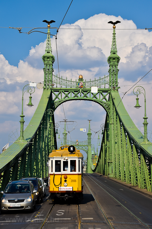 The BKV wood frame historic tram number 2806 is seen in its last operating condition and livery on the Szabadsg-hd photo