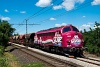 The Krpt Vast Nohab number 459 022 nicknamed <q>Gunhild</q> is seen with a gravel train on the Szentendrei HV between Pomz and Szentistvntelep in her <q>Sziget - Island of Freedom</q> special livery