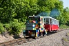 A Gyermekvasút GV 303 pályaszámú C50-es motormozdonya LEGO-kockákból kirakott mozdonnyá fazonírozva Hárs-hegy és Szépjuhászné állomások között

