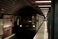 A régi M3-as metró 81.714/717 sorozatú vonata a Nyugati pályaudvaron
