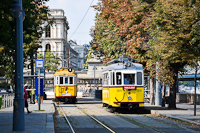 The BKV Budapest 2806 wood frame and the 2624 steel frame historic trams (nosztalgiavillamos) seen at Clark dm tr, near Lnchd (Chain Bridge)