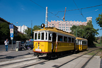 The BKV Budapest woodframe historic tram number 2806 with a class EP trailer seen at Post Palace near Szll Klmn tr