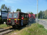 The work railcar of the Budapest underground headind to the Kõbánya-Kispest depot via the MÁV mainline