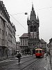 A Tatra T3 tram near the tower of Jindřišska Ves