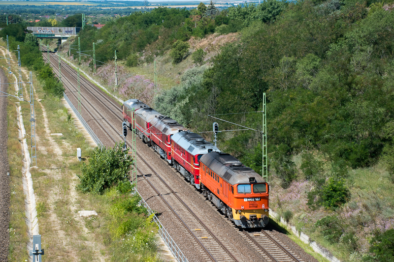 A 2024-es Retró Hétvégére a Balatonra igyekvő mozdonyvonat dízelei, élen az M41 2103-mal és a végén az úgynevezett átmeneti színezést viselő M62 187-tel. Köztük az M41 2112, M62 127 és M62 194 volt a hatvanas-hetvenes évek jellemző festéseiben. Átmeneti színezésű retró mozdony még az kép A MÁV-START M62 187 Érd alsó és Tárnok között fotó