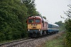A MÁV-Start 628 210 Nagypeterd és Szigetvár között vékonycsíkos gyorsvonattal a Pécsi Retróhétvégén