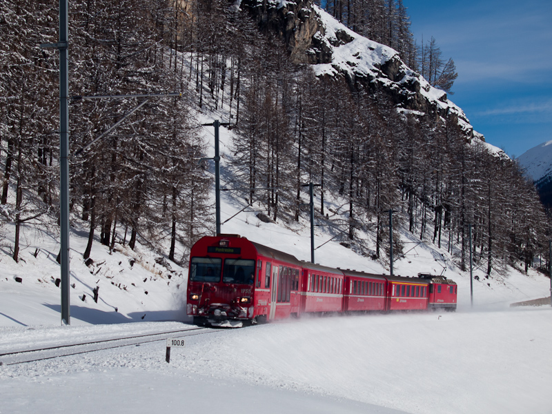 The Rhtische Bahn BDt 1755 seen between Madulain and La Punt-Chamues-ch photo