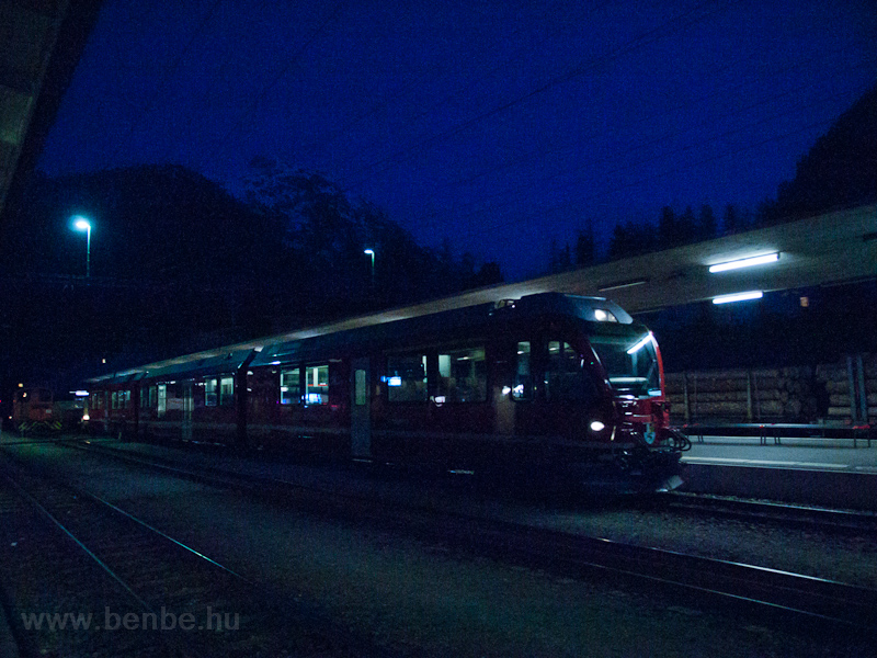A Poschiavo-Landquart freight train with an Allegra at Pontresina photo