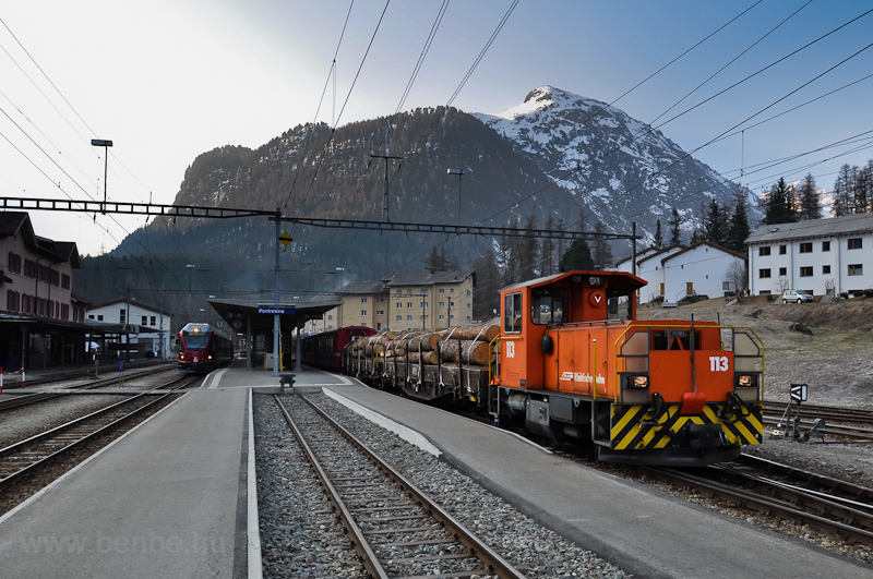 The ABe 8/12 Allegra and the Tm 2/2 113 seen at Pontresina/Puntraschigna station photo