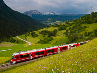 The Rhtische Bahn ABe 8/12 3508 <q>Allegra</q> seen hauling a Bernina-Express between Tiefencastel and Surava